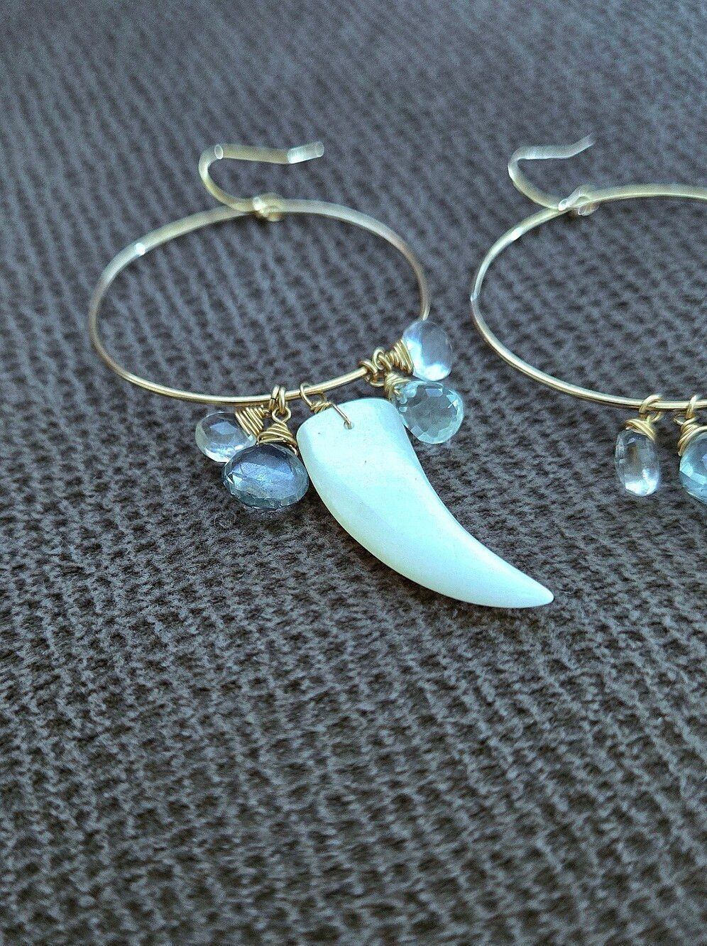 Open Gold💛 Circle⭕️ Earrings with Mother of Pearl Horn📯 and Gemstones💎 - Picture 3 of 15
